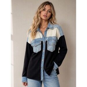 Thrill Jeans Colorblock Denim Shirt Jacket – Black & Light Wash – Size S